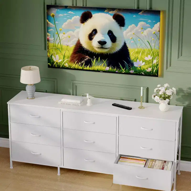 Dresser for Bedroom, Wide 9 Drawer Dresser TV Stand, Metal Frame Closet Storage Chest, Fabric Drawer Storage Cabinet Organizer