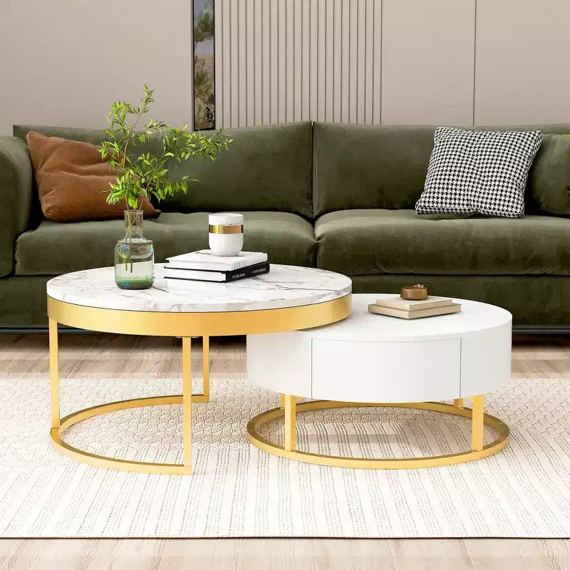 Whisen Modern Round Nesting Coffee Table Set with 2 Drawers - Golden & White