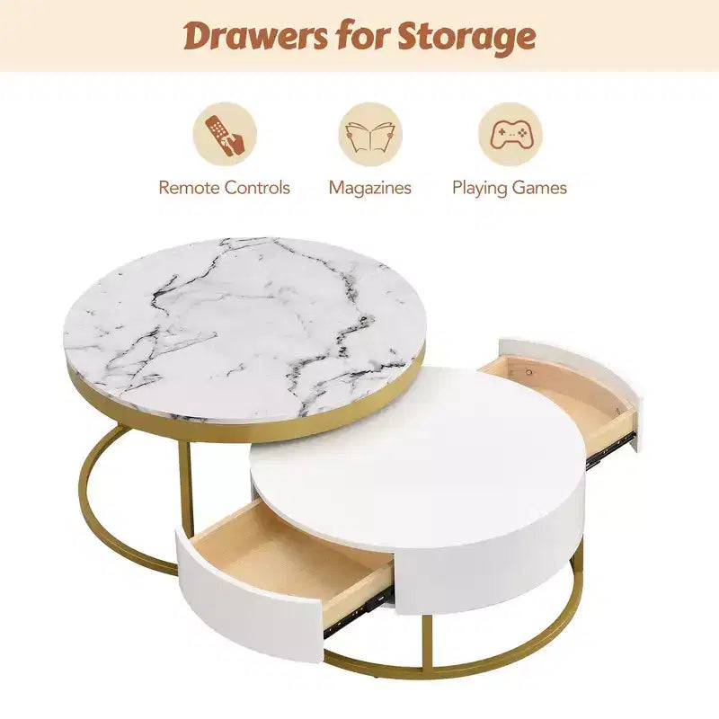 Whisen Modern Round Nesting Coffee Table Set with 2 Drawers - Golden & White