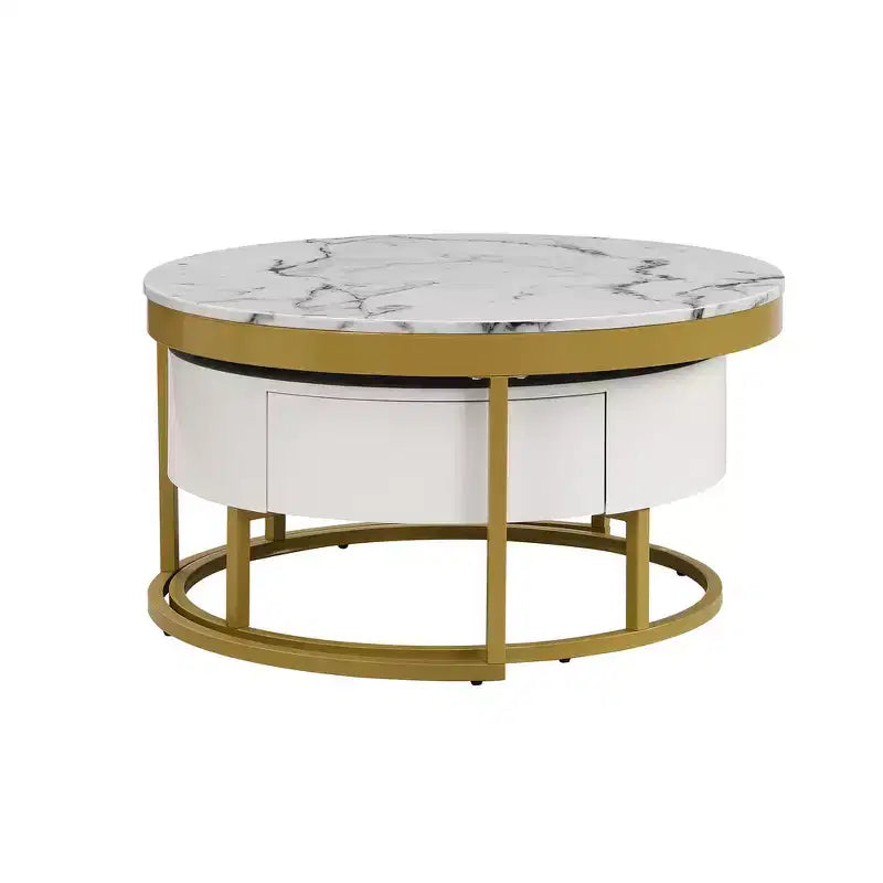 Whisen Modern Round Nesting Coffee Table Set with 2 Drawers - Golden & White