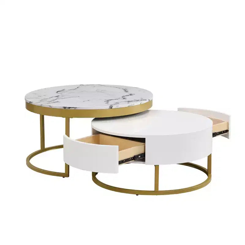 Whisen Modern Round Nesting Coffee Table Set with 2 Drawers - Golden & White
