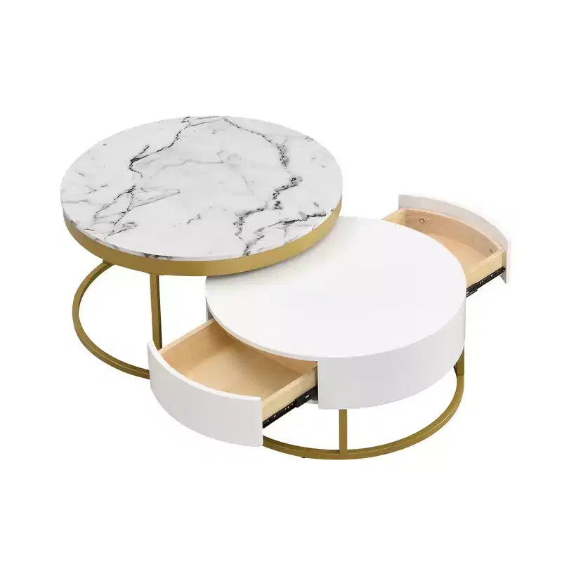 Whisen Modern Round Nesting Coffee Table Set with 2 Drawers - Golden & White