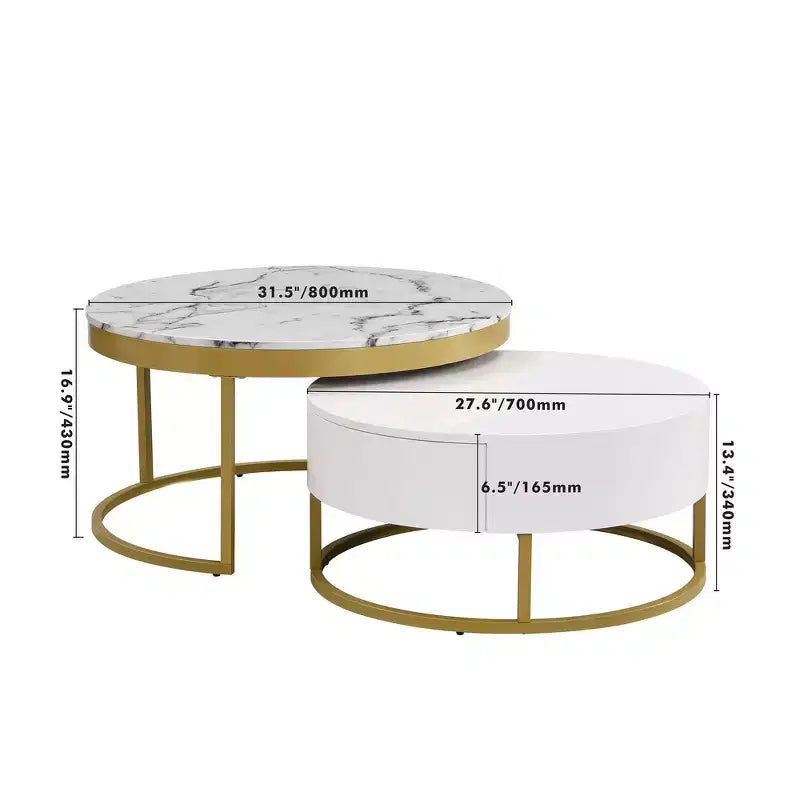 Whisen Modern Round Nesting Coffee Table Set with 2 Drawers - Golden & White