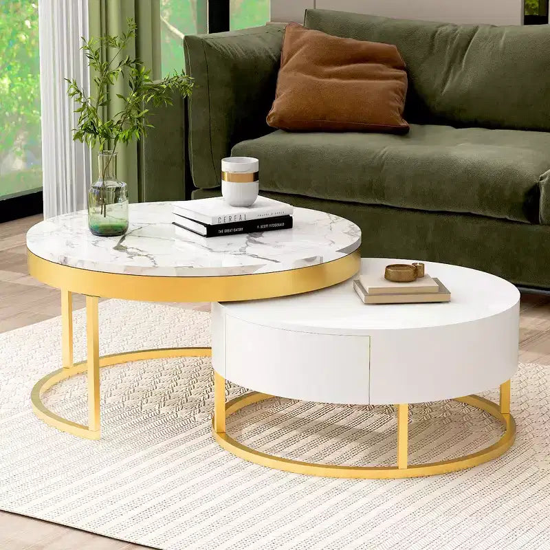 Whisen Modern Round Nesting Coffee Table Set with 2 Drawers - Golden & White