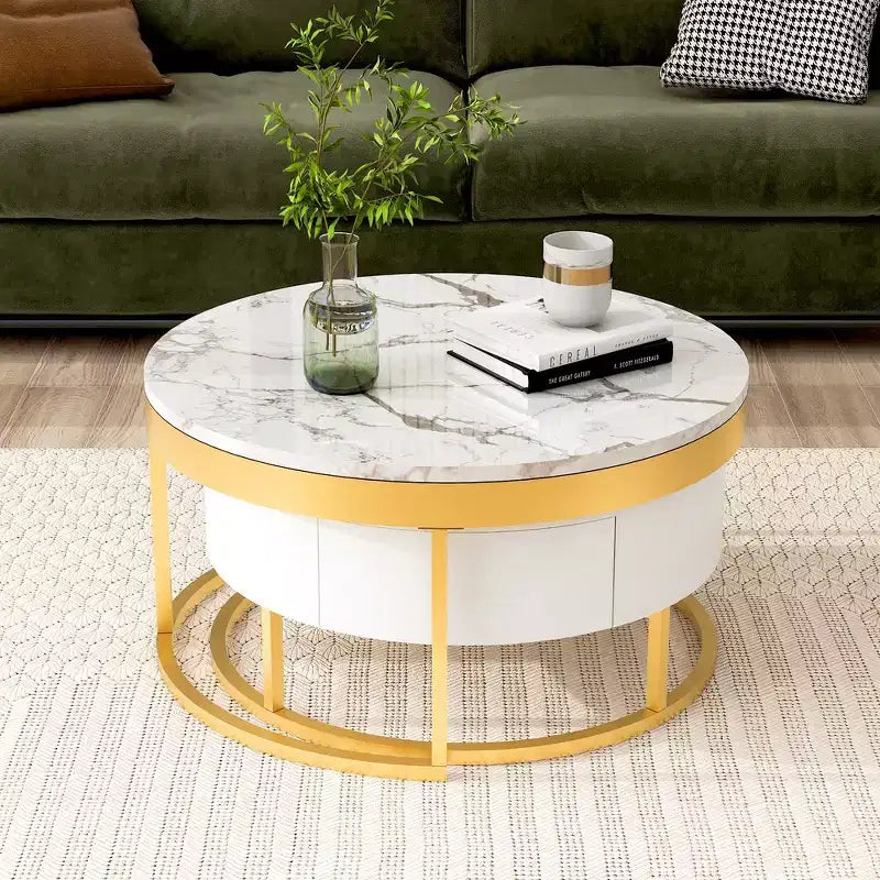 Whisen Modern Round Nesting Coffee Table Set with 2 Drawers - Golden & White