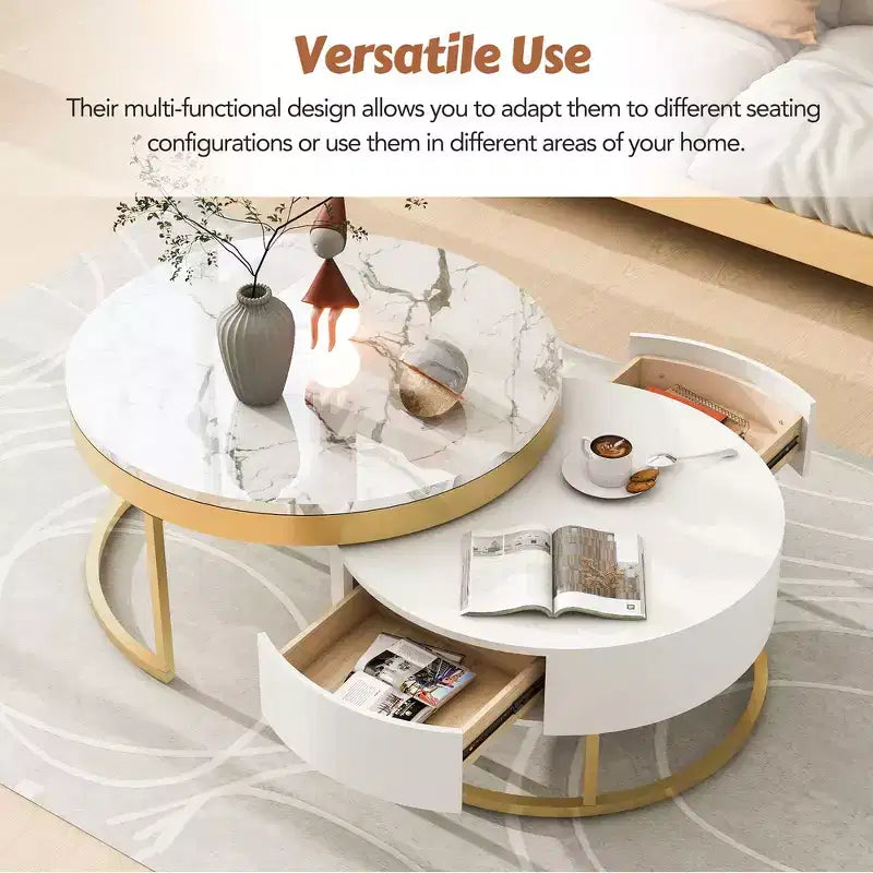 Whisen Modern Round Nesting Coffee Table Set with 2 Drawers - Golden & White