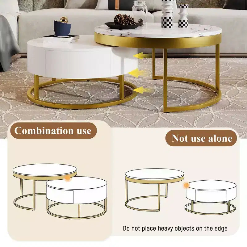 Whisen Modern Round Nesting Coffee Table Set with 2 Drawers - Golden & White