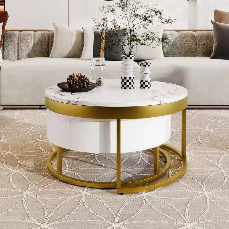 Whisen Modern Round Nesting Coffee Table Set with 2 Drawers - Golden & White