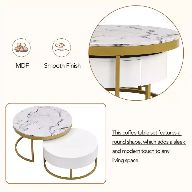 Whisen Modern Round Nesting Coffee Table Set with 2 Drawers - Golden & White