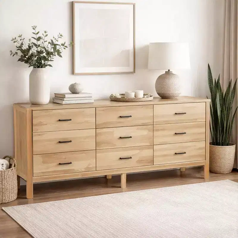 Royal Hampton Geti 84 Inch Wide Dresser, 9 Spacious Drawers, Handcrafted Natural Oak White Mango Wood