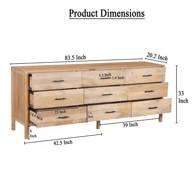 Royal Hampton Geti 84 Inch Wide Dresser, 9 Spacious Drawers, Handcrafted Natural Oak White Mango Wood