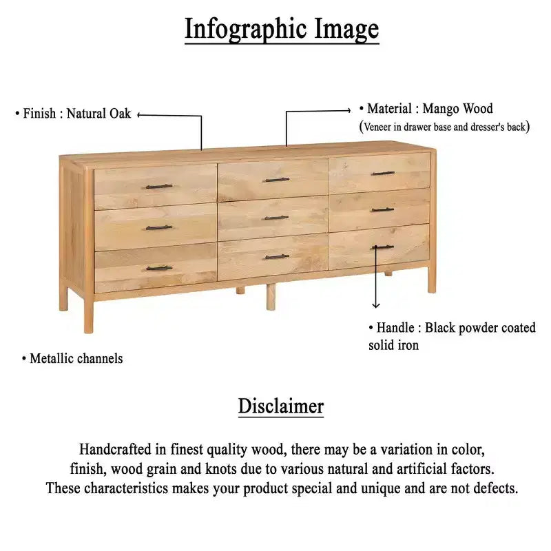 Royal Hampton Geti 84 Inch Wide Dresser, 9 Spacious Drawers, Handcrafted Natural Oak White Mango Wood