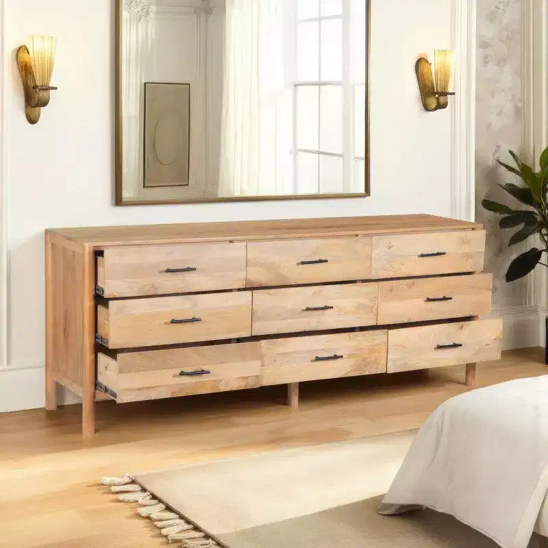 Royal Hampton Geti 84 Inch Wide Dresser, 9 Spacious Drawers, Handcrafted Natural Oak White Mango Wood