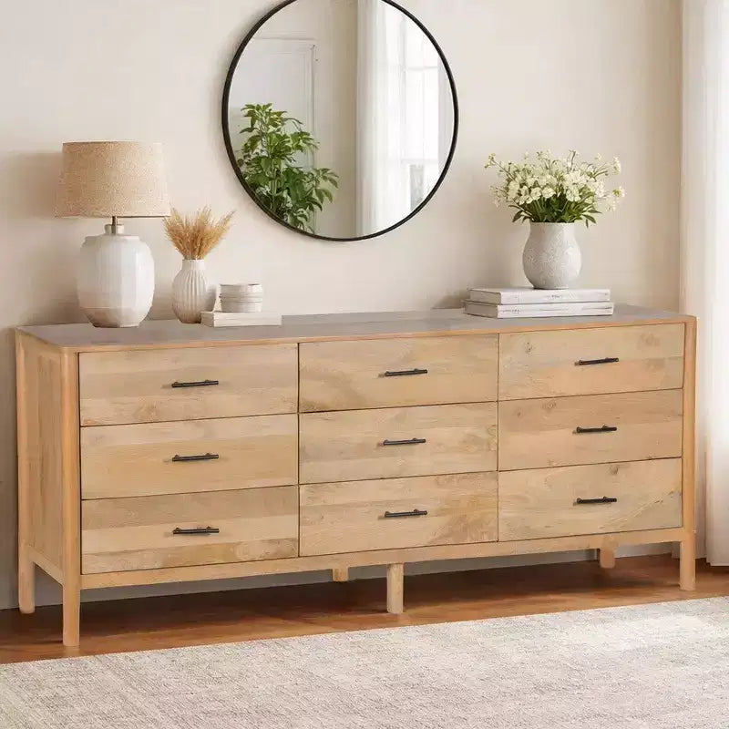 Royal Hampton Geti 84 Inch Wide Dresser, 9 Spacious Drawers, Handcrafted Natural Oak White Mango Wood