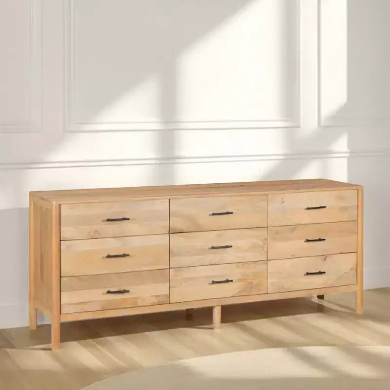 Royal Hampton Geti 84 Inch Wide Dresser, 9 Spacious Drawers, Handcrafted Natural Oak White Mango Wood