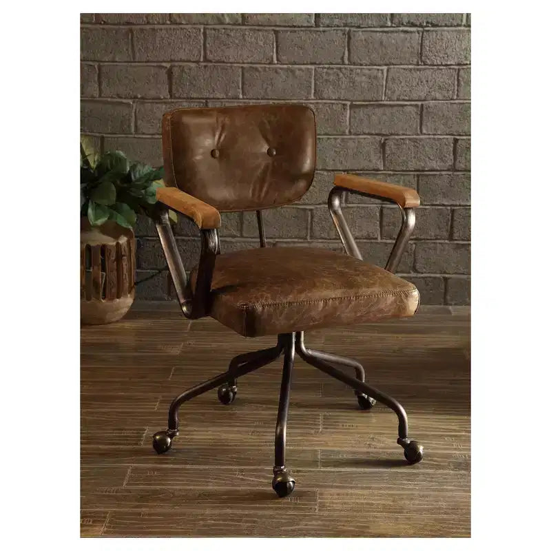 Hallie Task and Office Chairs Ash Brown - Acme Furniture: Faux-Leather, Wood Detail, Fixed Arms