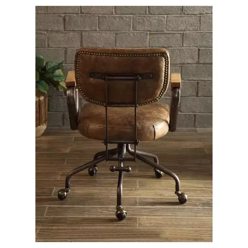 Hallie Task and Office Chairs Ash Brown - Acme Furniture: Faux-Leather, Wood Detail, Fixed Arms