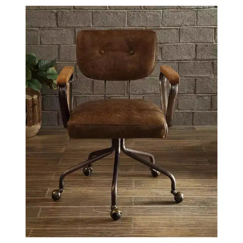 Hallie Task and Office Chairs Ash Brown - Acme Furniture: Faux-Leather, Wood Detail, Fixed Arms