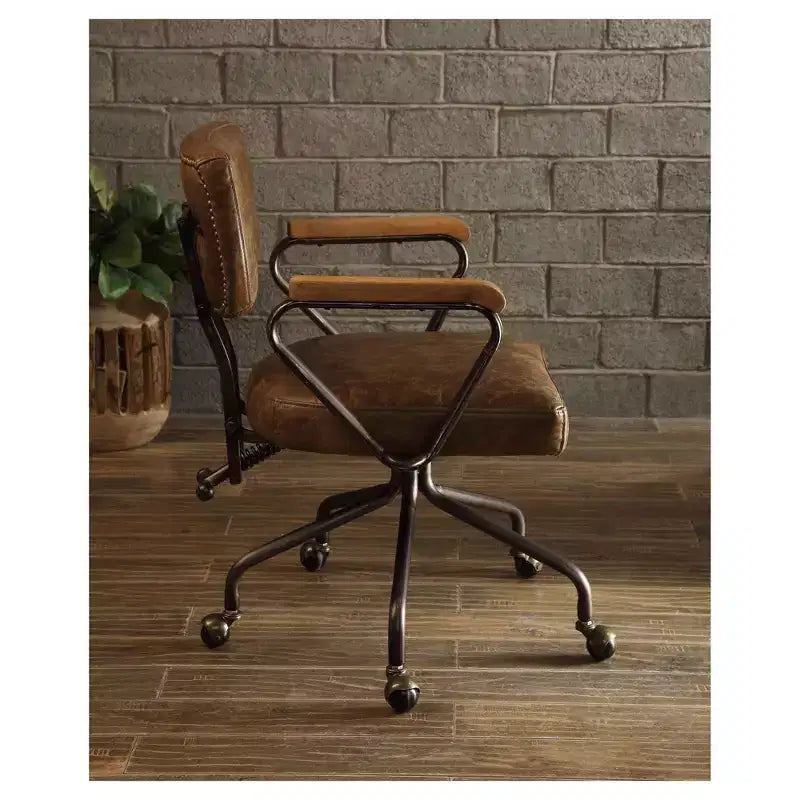 Hallie Task and Office Chairs Ash Brown - Acme Furniture: Faux-Leather, Wood Detail, Fixed Arms