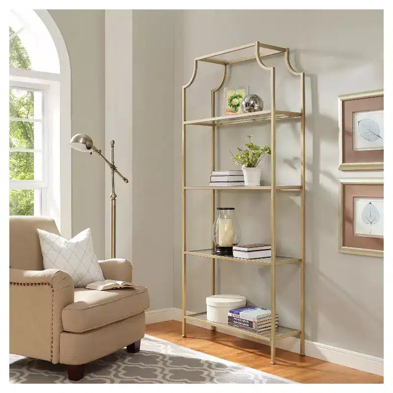 Crosley 80.5" Aimee Etagere Gold: Modern Style, 4-Tier, Tempered Glass Shelves, Steel Frame