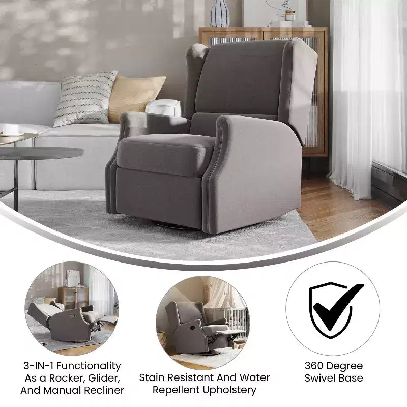 Merrick Lane 3-in-1 Wingback Manual Recliner Rocker Swivel Glider Chair