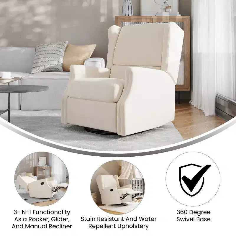 Merrick Lane 3-in-1 Wingback Manual Recliner Rocker Swivel Glider Chair