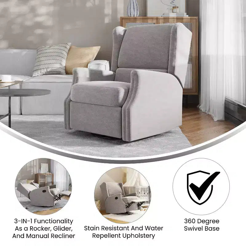 Merrick Lane 3-in-1 Wingback Manual Recliner Rocker Swivel Glider Chair