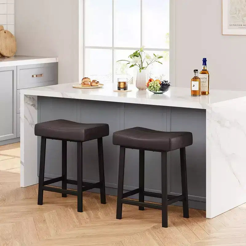 Whizmax 24 Inch Backless Saddle Barstools Set of 2, Counter Height Upholstered Padded Barstools with Curved Surface, Metal Leg and Footrest