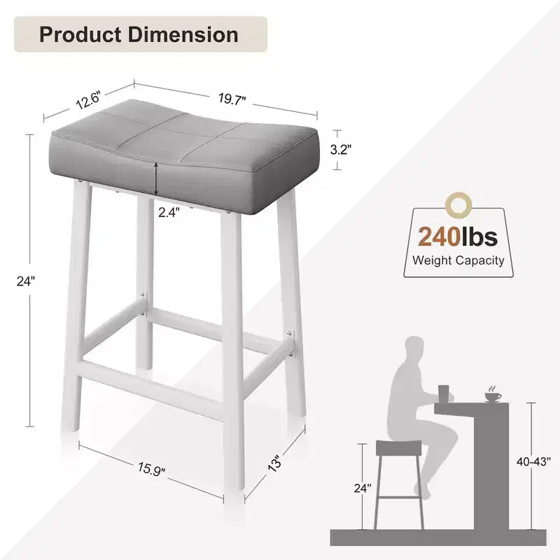 Whizmax 24 Inch Backless Saddle Barstools Set of 2, Counter Height Upholstered Padded Barstools with Curved Surface, Metal Leg and Footrest